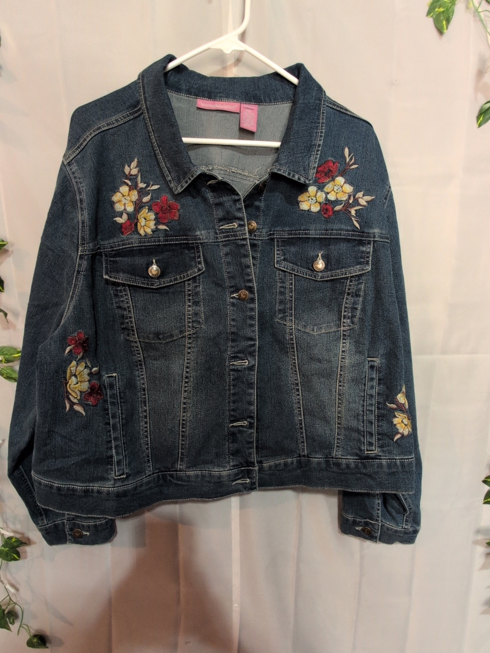 Woman Within Blue Denim Jacket with Floral Embroidery